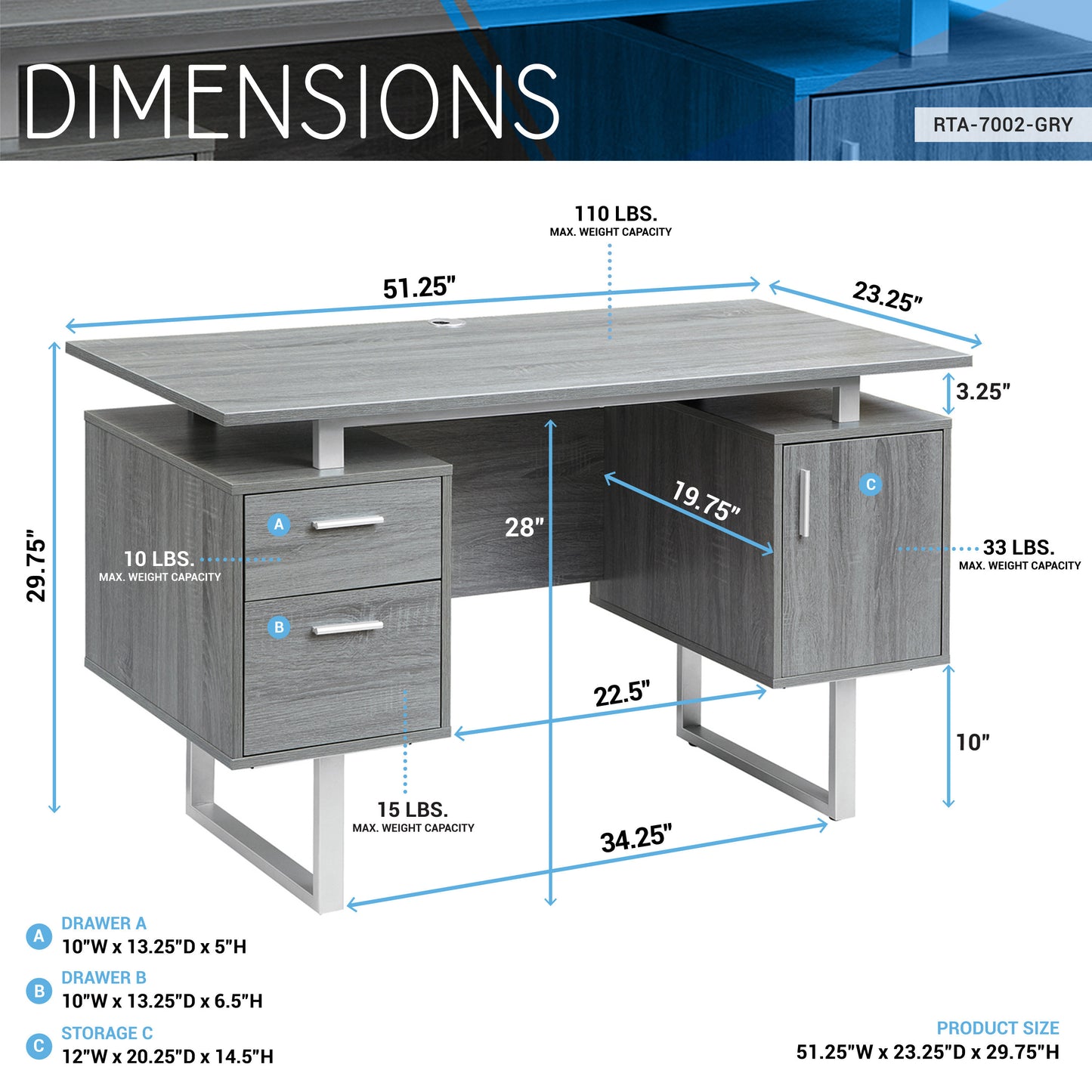 Sleek Grey Office Desk with Ample Storage