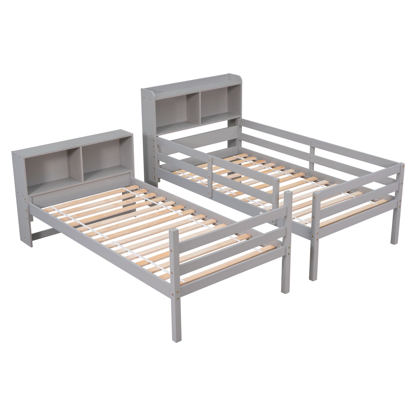 Convertible Rustic Grey Twin Over Twin Bunk Beds with Bookcase Headboard