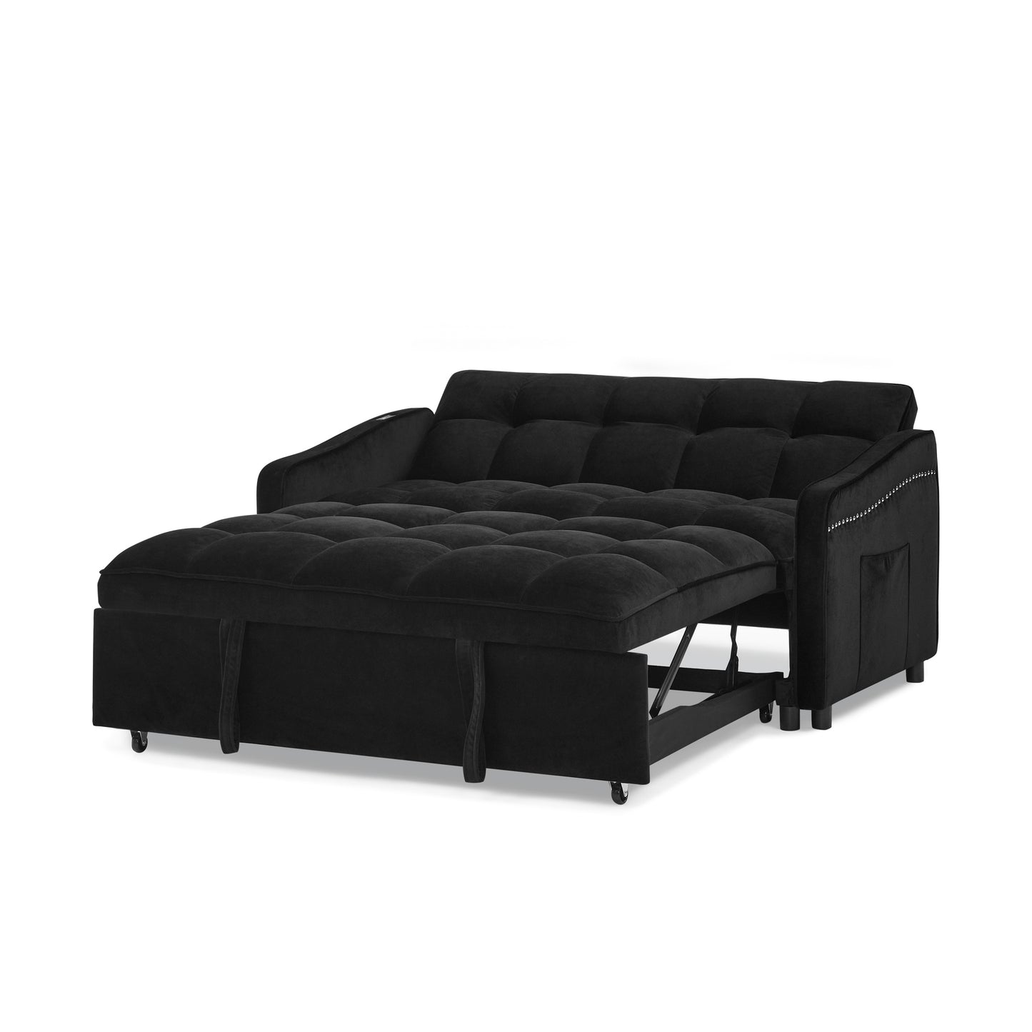 Loveseats Sofa Bed with Pull-out Bed,Adjsutable Back and Two Arm Pocket,TypeC and USB Charging with Copper nail,Black (47"x53"x31")