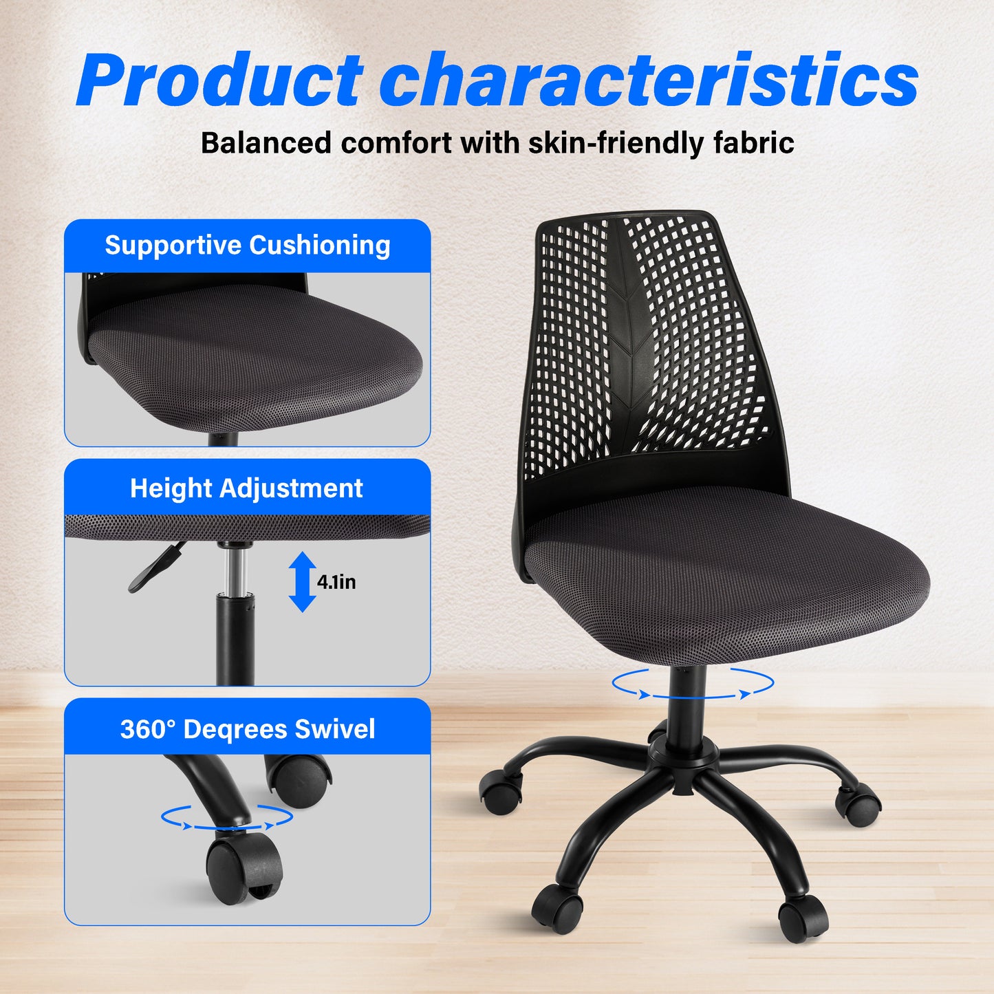 Ergonomic Office and Home Chair with Supportive Cushioning, Black & Gray