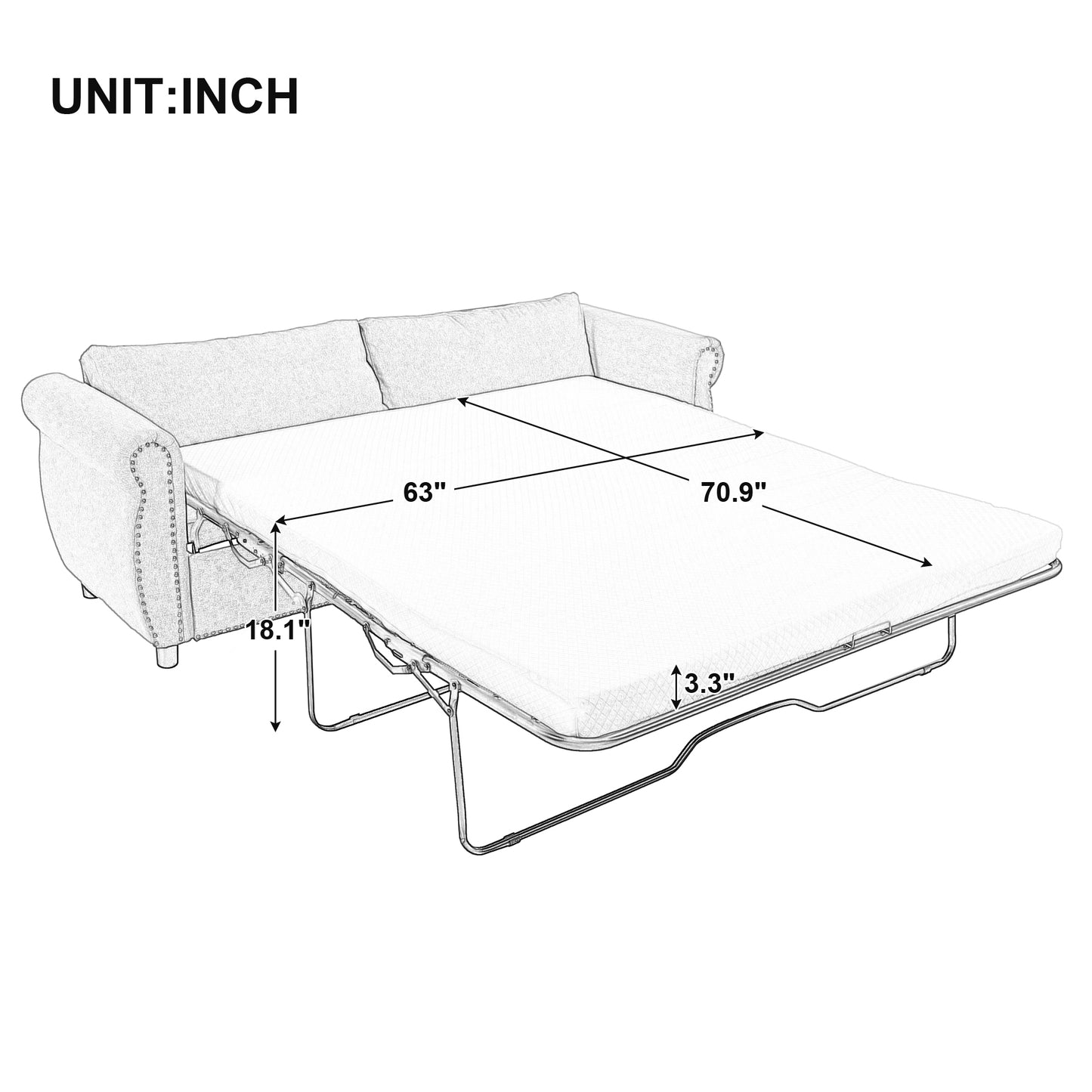 U_Style 80.7'' 2-in-1 Sofa Bed Sleeper with Large Memory  Mattress(63''*70.9*3.3 inch), for Living Room Spaces  Bedroom