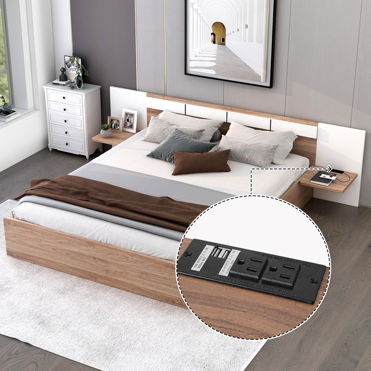 Queen Size Platform Bed with Headboard, Drawers, Shelves, USB Ports and Sockets, Natural