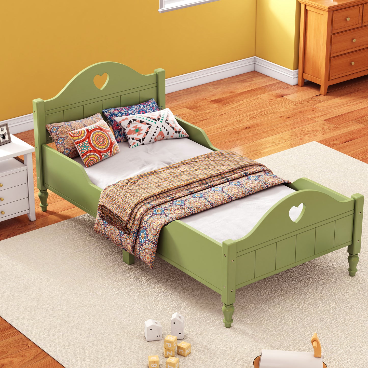 Macaron Twin Size Toddler Bed with Side Safety Rails and Headboard and Footboard,Oliver Green