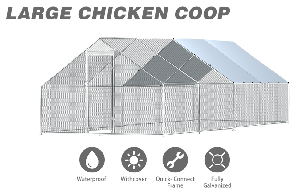 Metal Large Chicken Coop Walk-in Poultry Cage Large Chicken Run Spire Shaped Cage with Waterproof Anti-UltravioletCover, 1.26" Diameter Tube (9.8' L x 26.2' W x 6.4' H)