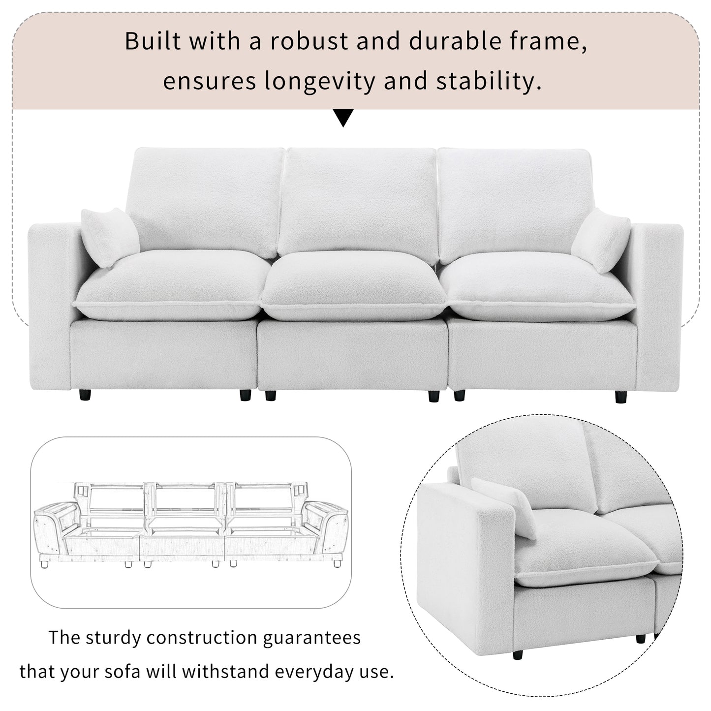 U_STYLE 3 Seat Sofa with Removable Back and Seat Cushions and 2 pillows,Teddy Fabric Couch for Living Room, Office, Apartment