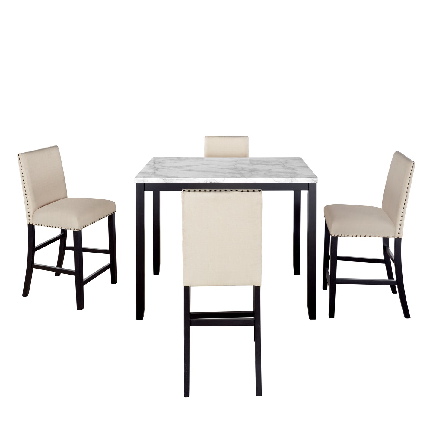 5 Piece Counter Height Faux Marble Modern Dining Set with Matching Chairs and Marble Veneer  for Home, Beige