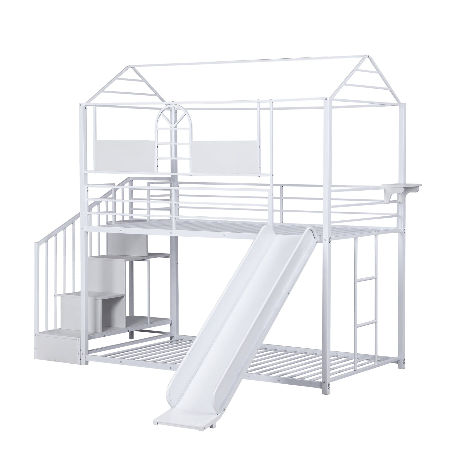 Kids Metal House Bunk Bed with Slide and Steps for Playful Sleep Time