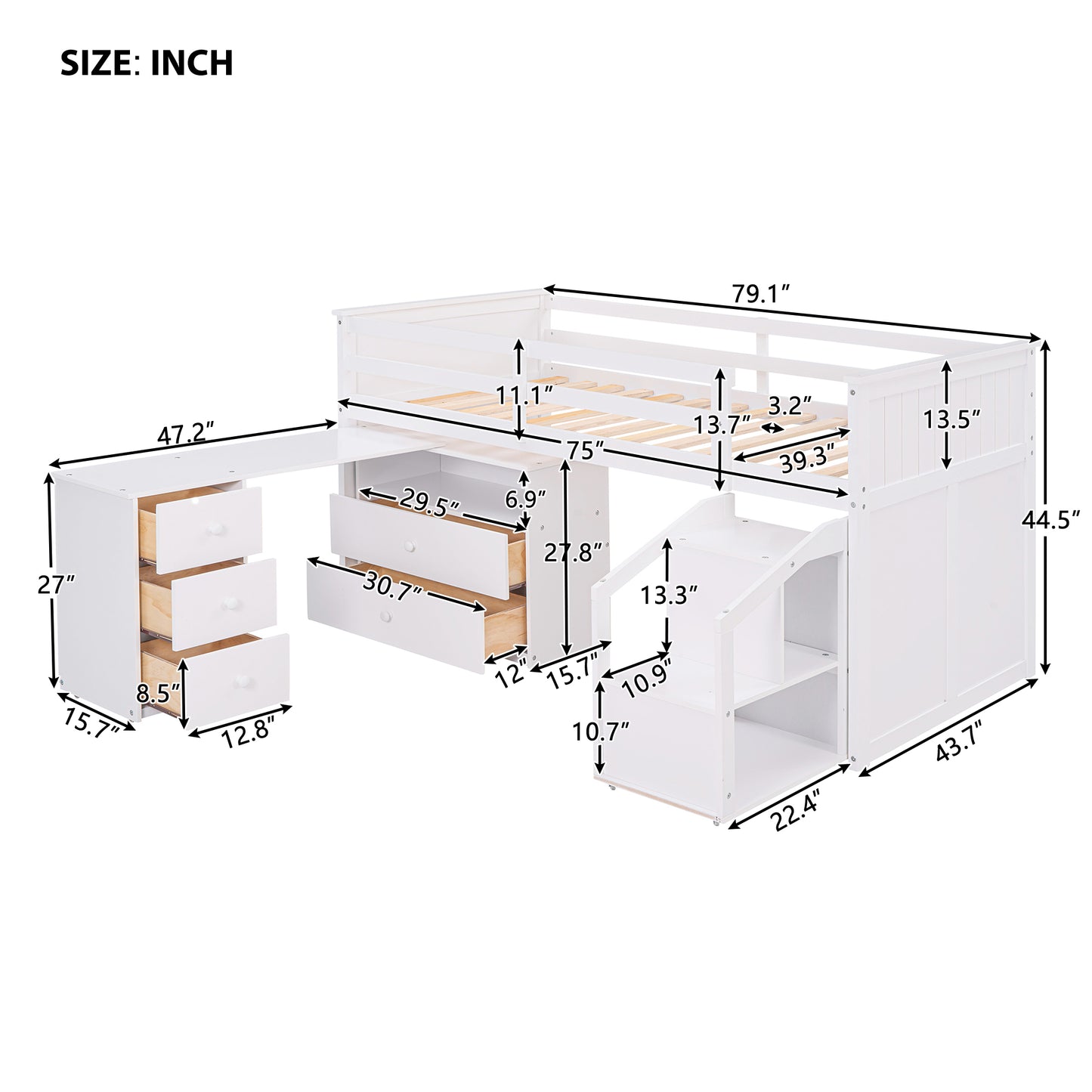 Loft Bed Low Study Twin Size Loft Bed With Storage Steps and Portable,Desk,White(: LT000101AAK)