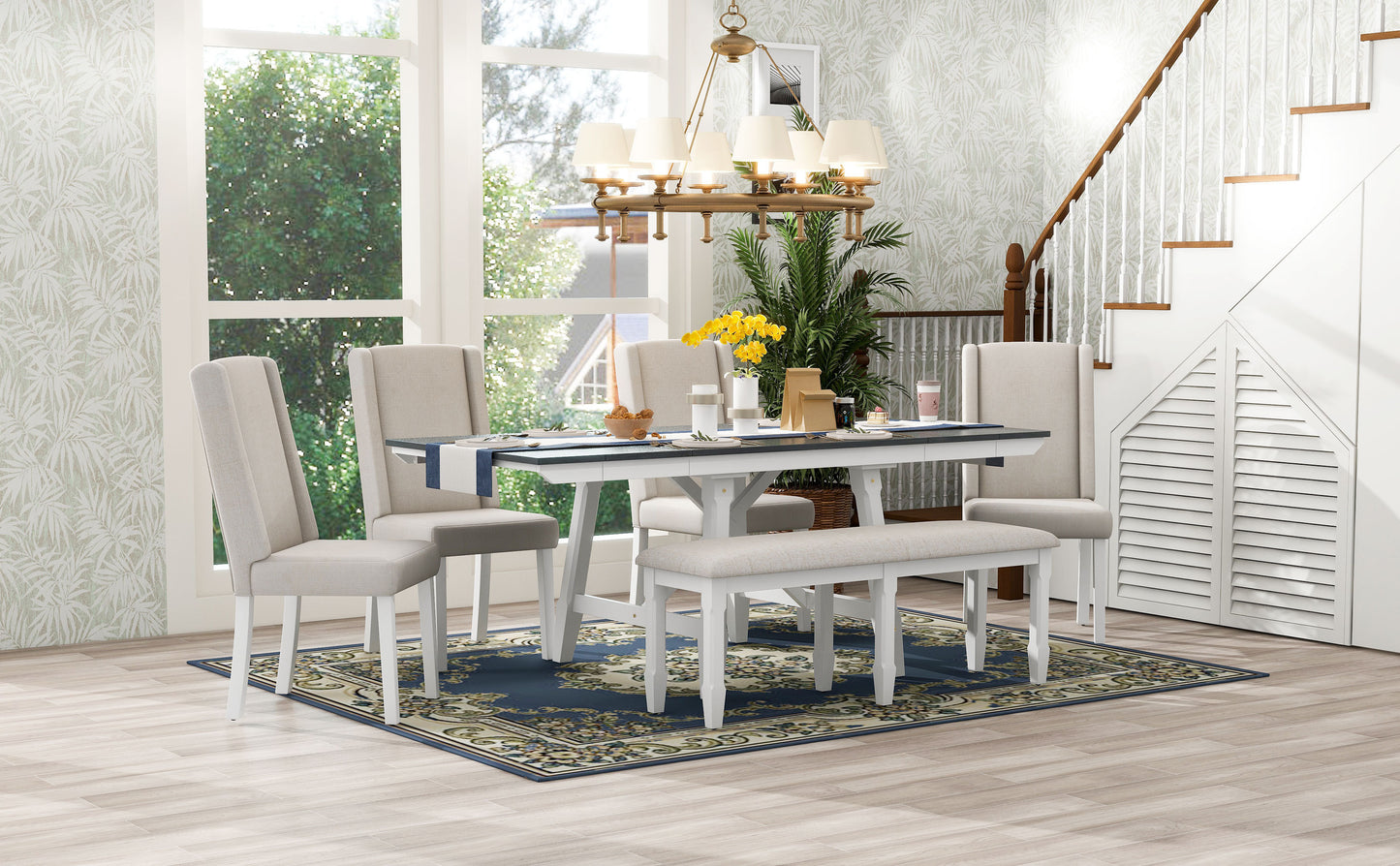 TREXM 6-Piece Classic Dining Table Set, Rectangular Extendable Dining Table with two 12"W Removable Leaves and 4 Upholstered Chairs & 1 Bench for Dining Room (Gray+White)