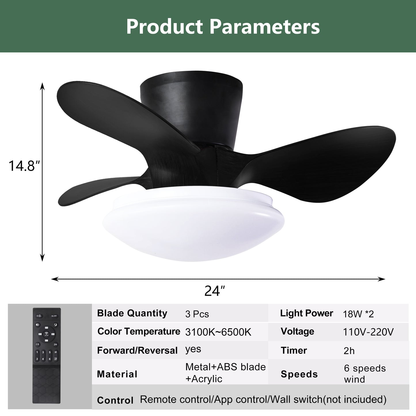 24 Sleek Ceiling Fan with Dimmable LED Light and Remote Control, Energy Efficient Indoor Fan, Modern Black Finish