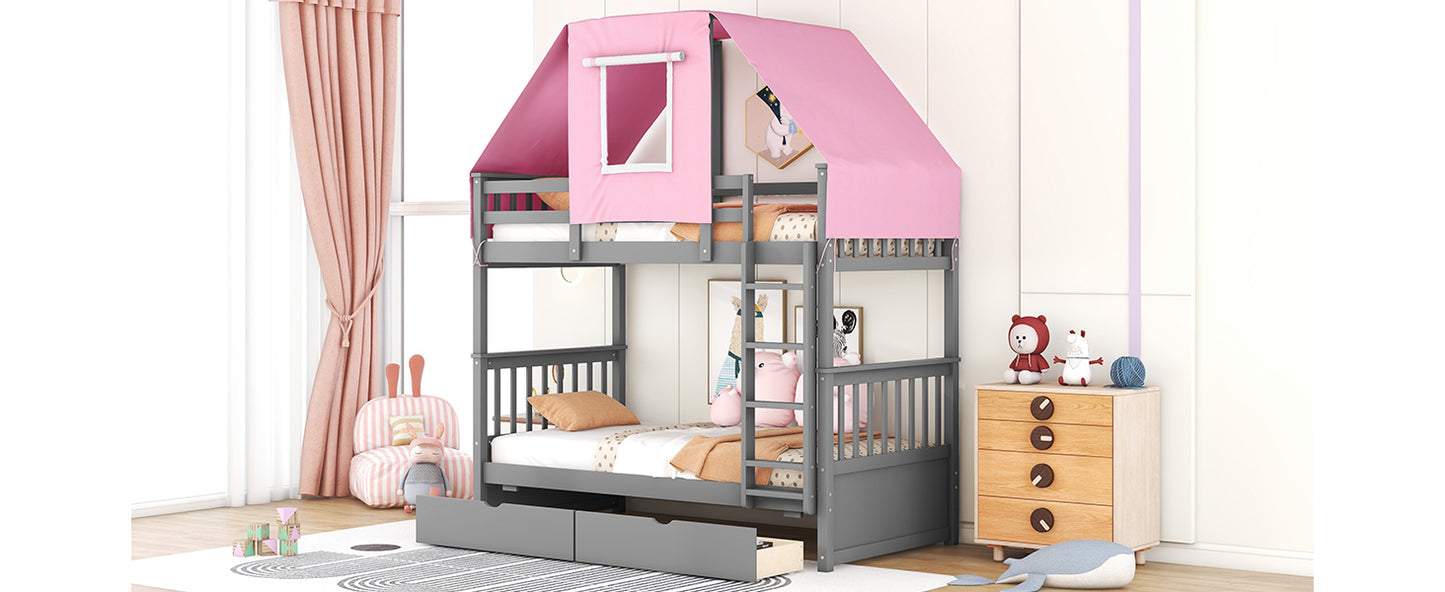 Gray and Pink Twin Over Twin Bunk Bed with Tent and Drawers for a Playful Bedroom Environment