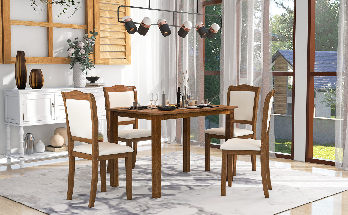 TREXM 5-Piece Wood Dining Table Set Simple Style Kitchen Dining Set Rectangular Table with Upholstered Chairs for Limited Space (Walnut)