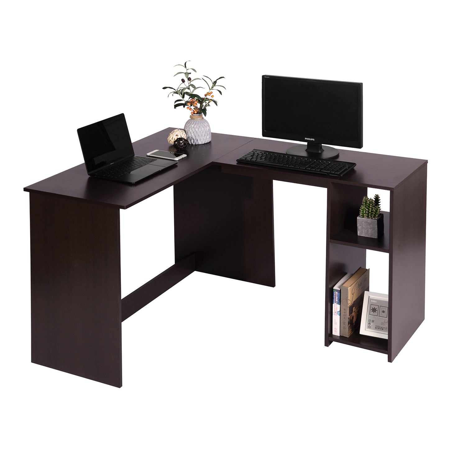 L-Shaped Computer Desk with Open Shelves and Ample Storage