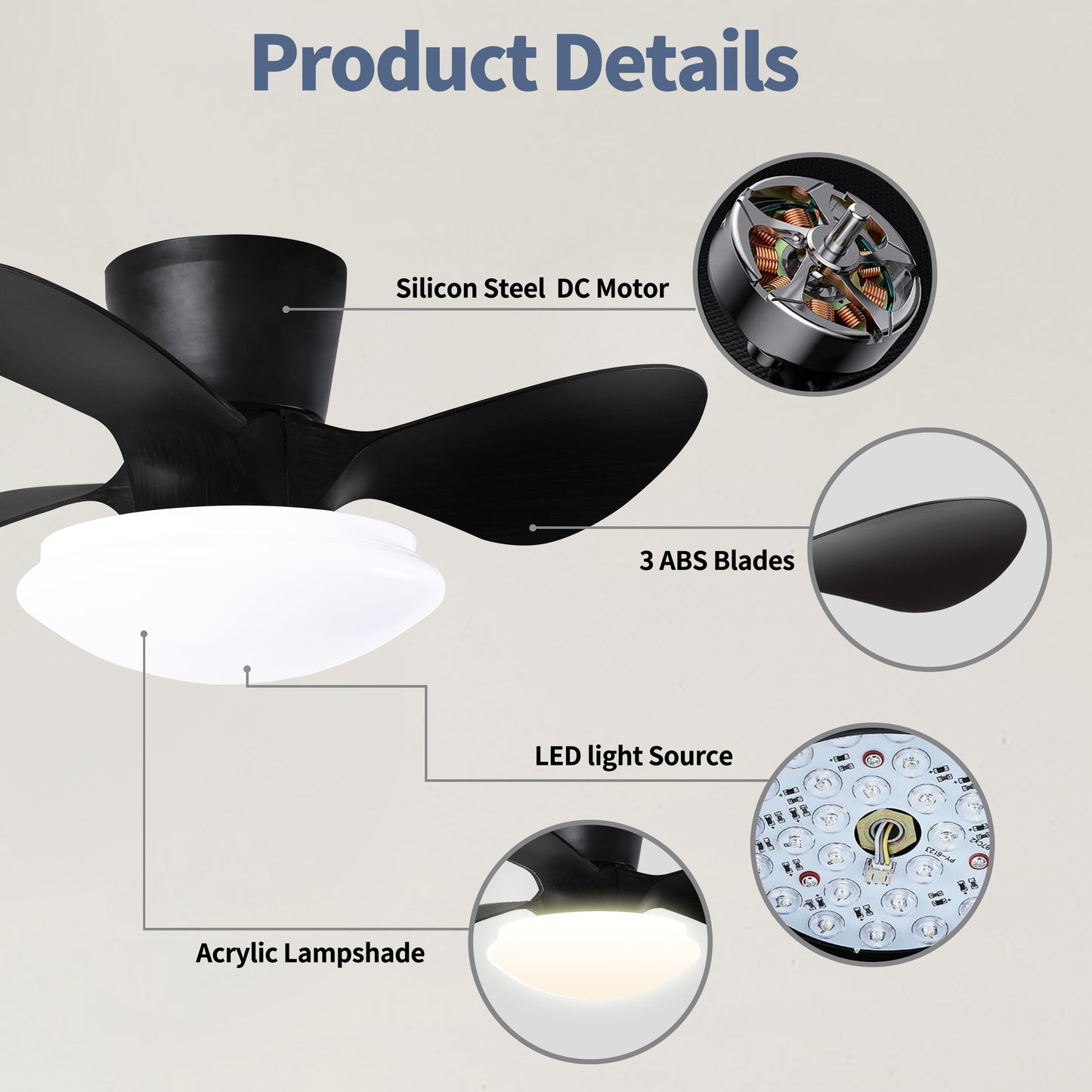 24 Sleek Ceiling Fan with Dimmable LED Light and Remote Control, Energy Efficient Indoor Fan, Modern Black Finish