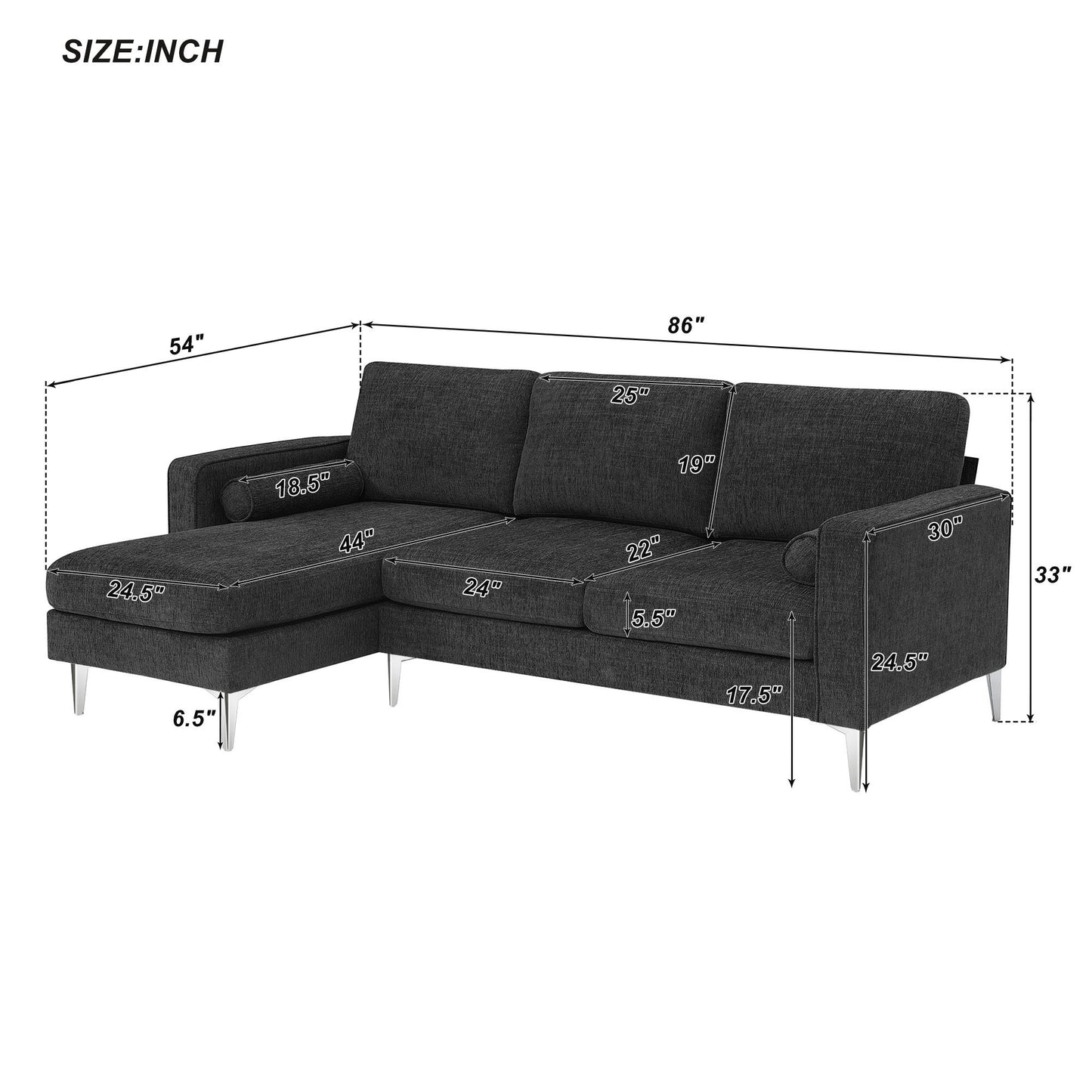 86 L-Shaped Convertible Sectional Sofa with Reversible Chaise and Pillows