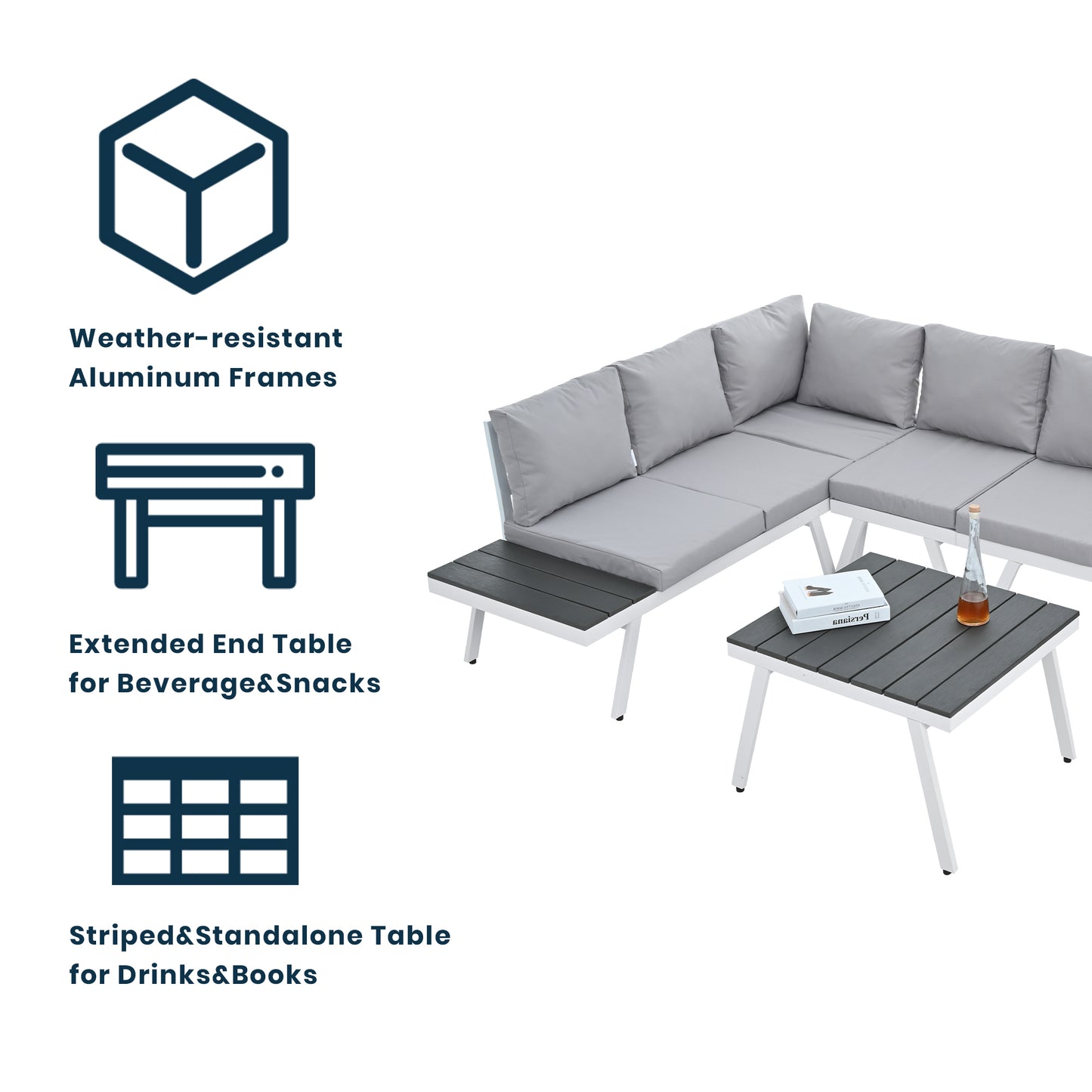 Aluminum Outdoor Patio Furniture Set with End Tables and Coffee Table, White and Grey Sectional Sofa Set