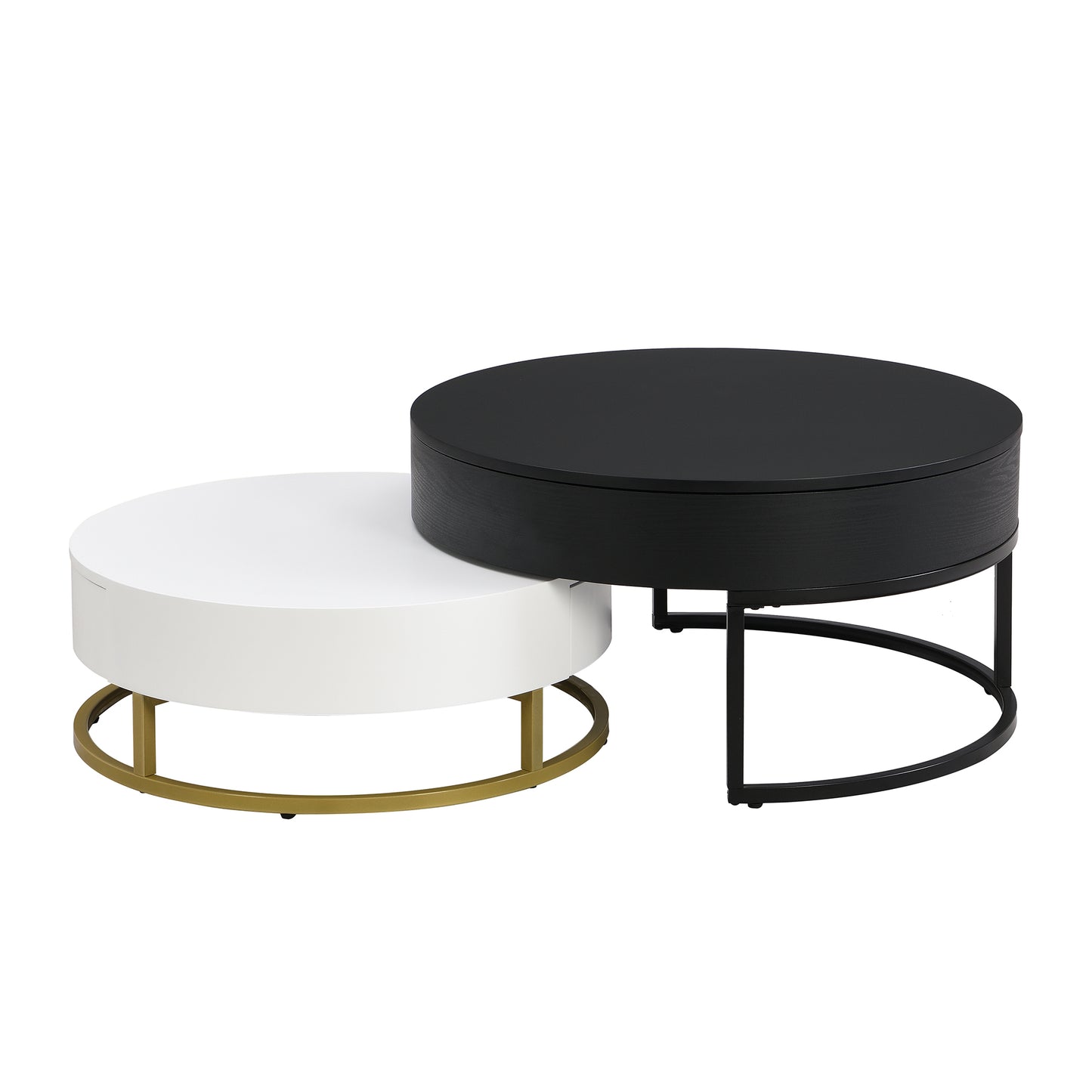 Contemporary 2-Drawer Lift-Top Round Coffee Tables in White & Black