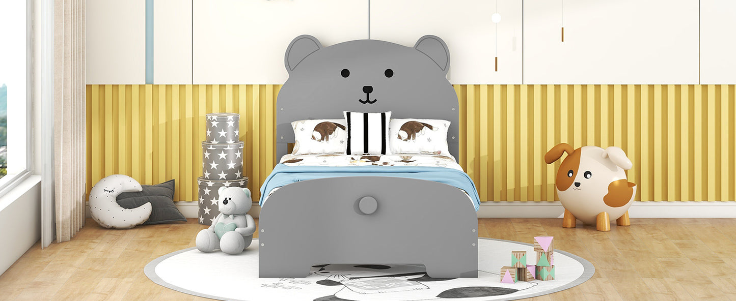 Twin Size Wood Platform Bed with Bear-shaped Headboard and Footboard,Gray