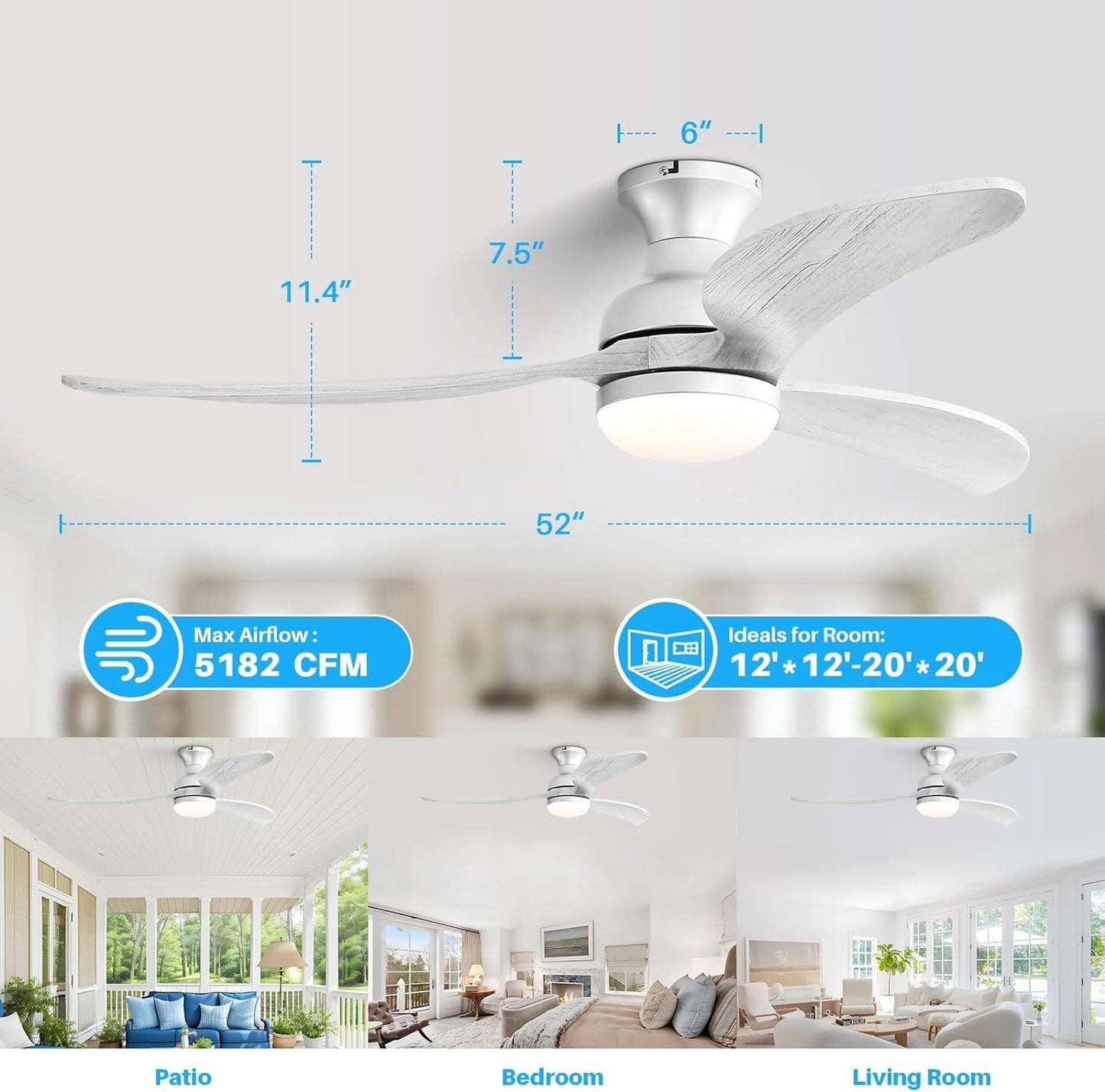 52 Inch High-Quality Wood Blade Ceiling Fan with Smart Control and Reversible DC Motor