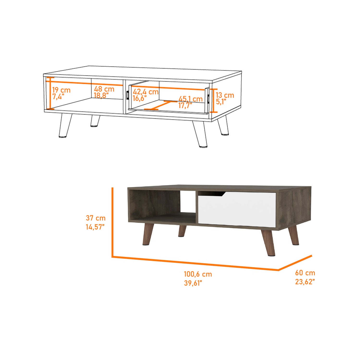 Elegant Dark Brown and White Coffee Table with Drawer and Shelf