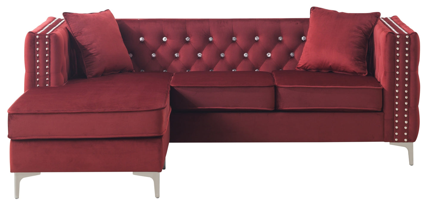 Plush Burgundy Velvet Sofa Chaise with Faux Jewel Tufting