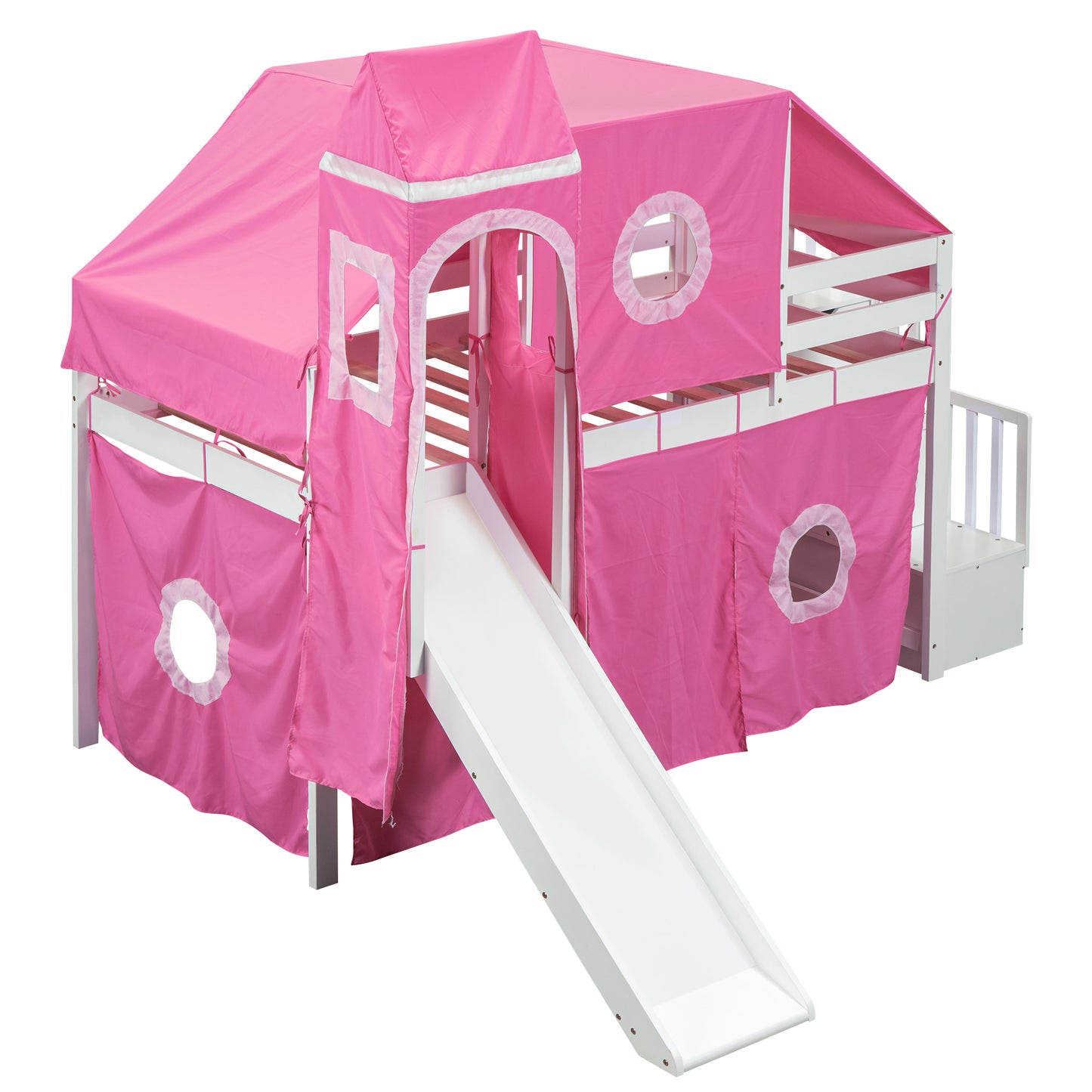 Twin Size Loft Bed with Tent and Tower - Pink