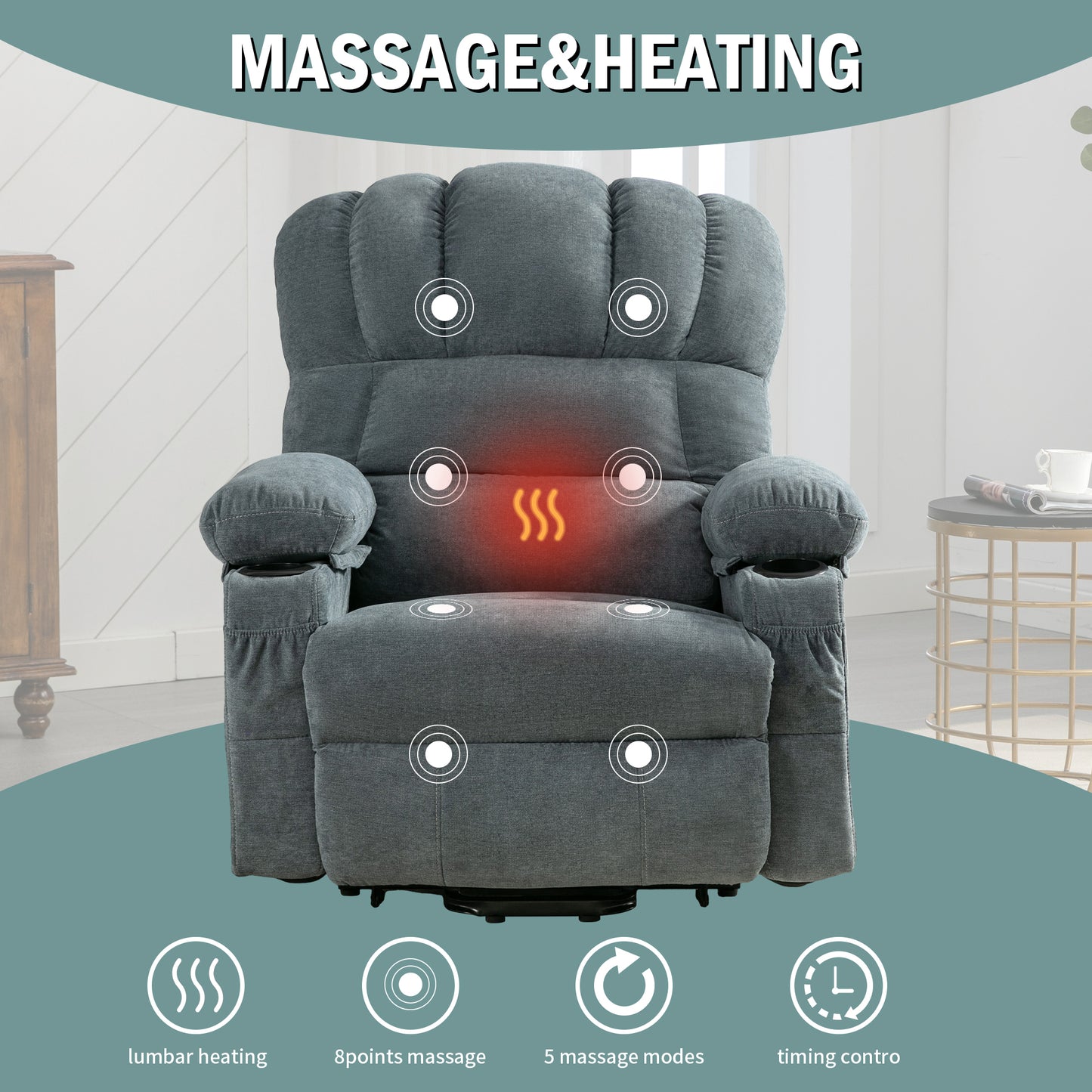 Blue Power Lift Recliner Chair with Massage, Heat, and Remote Control