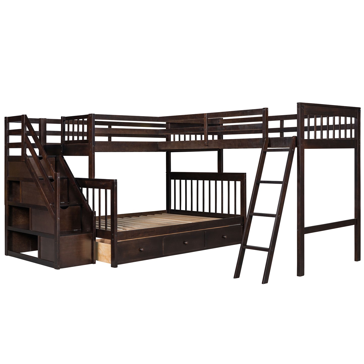 Espresso Twin over Full Bunk Bed with 3 Storage Drawers, Ladder, and Staircase