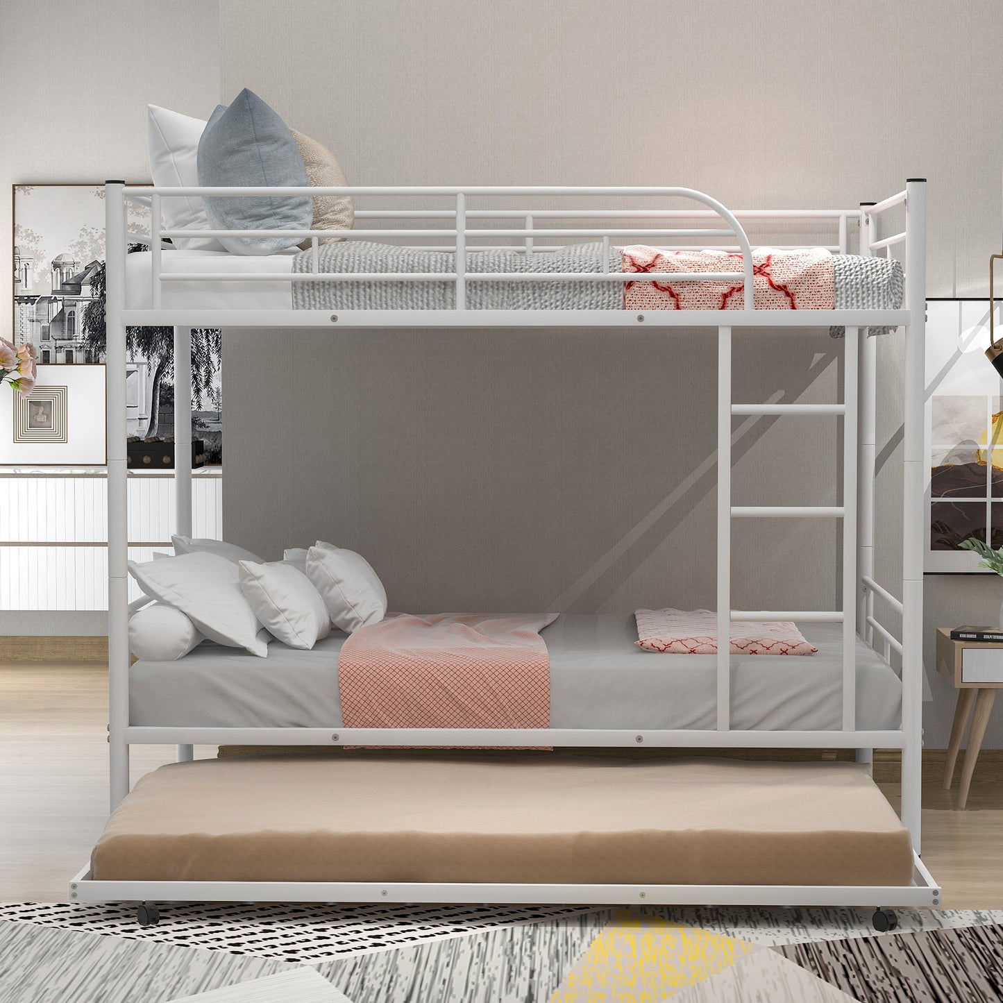 Trio Metal Bunk Bed With Trundle, Convertible to Two Beds, White (MF194806AAK)