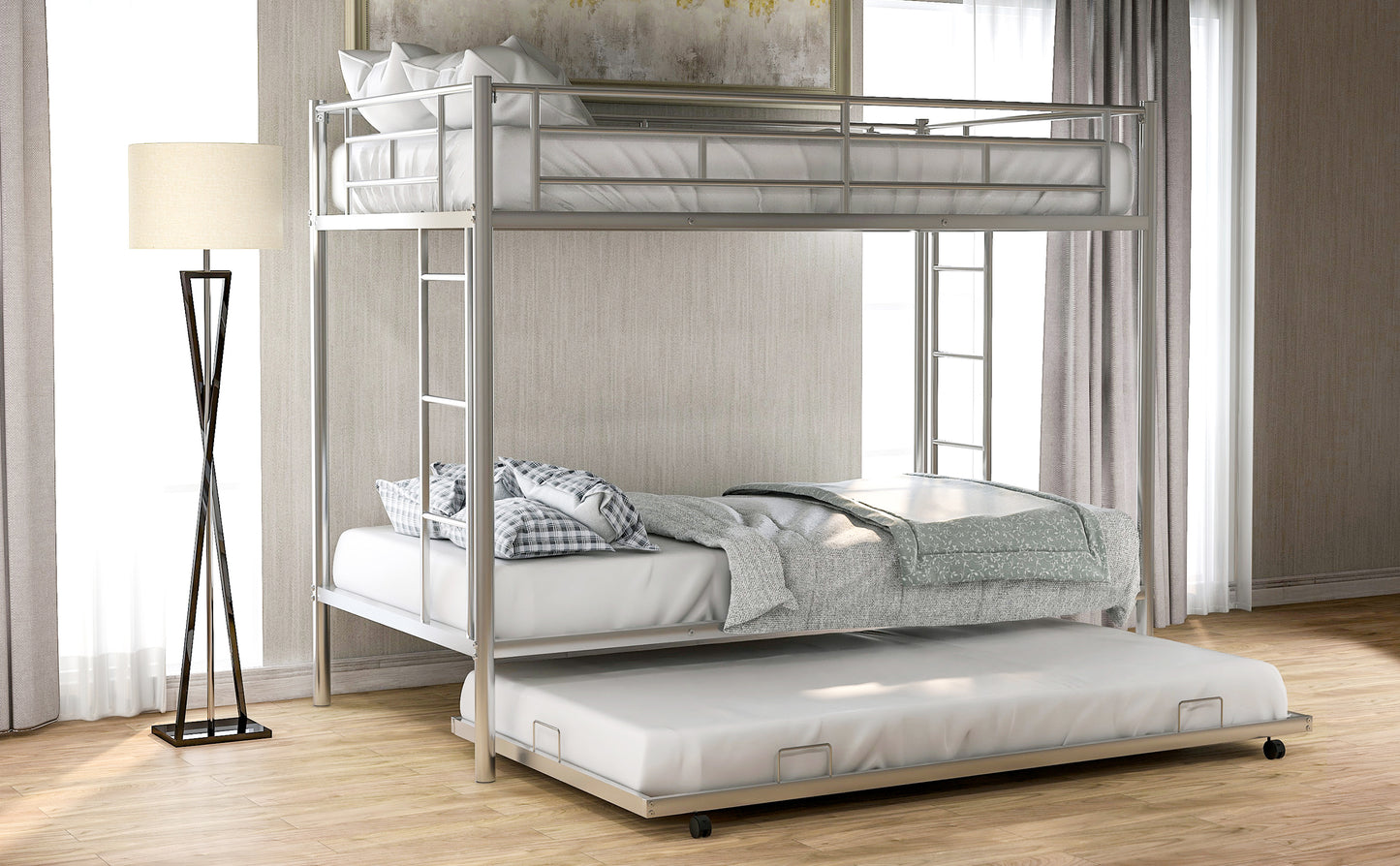 Silver Metal Twin Bunk Bed with Trundle - Smart Space-Saving Solution