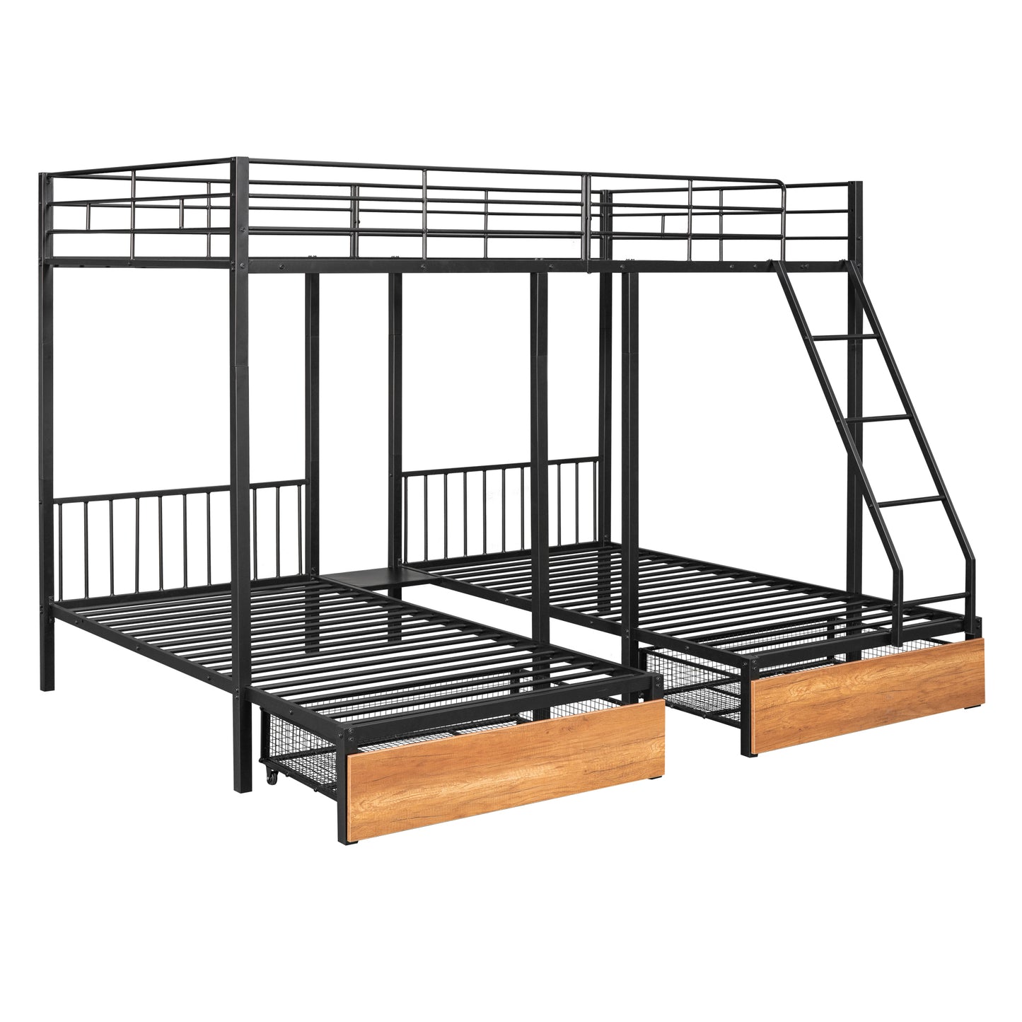 Black Metal Triple Bunk Bed with Storage and Safety Features - Space-Saving Full over Twin & Twin Bunk Bed