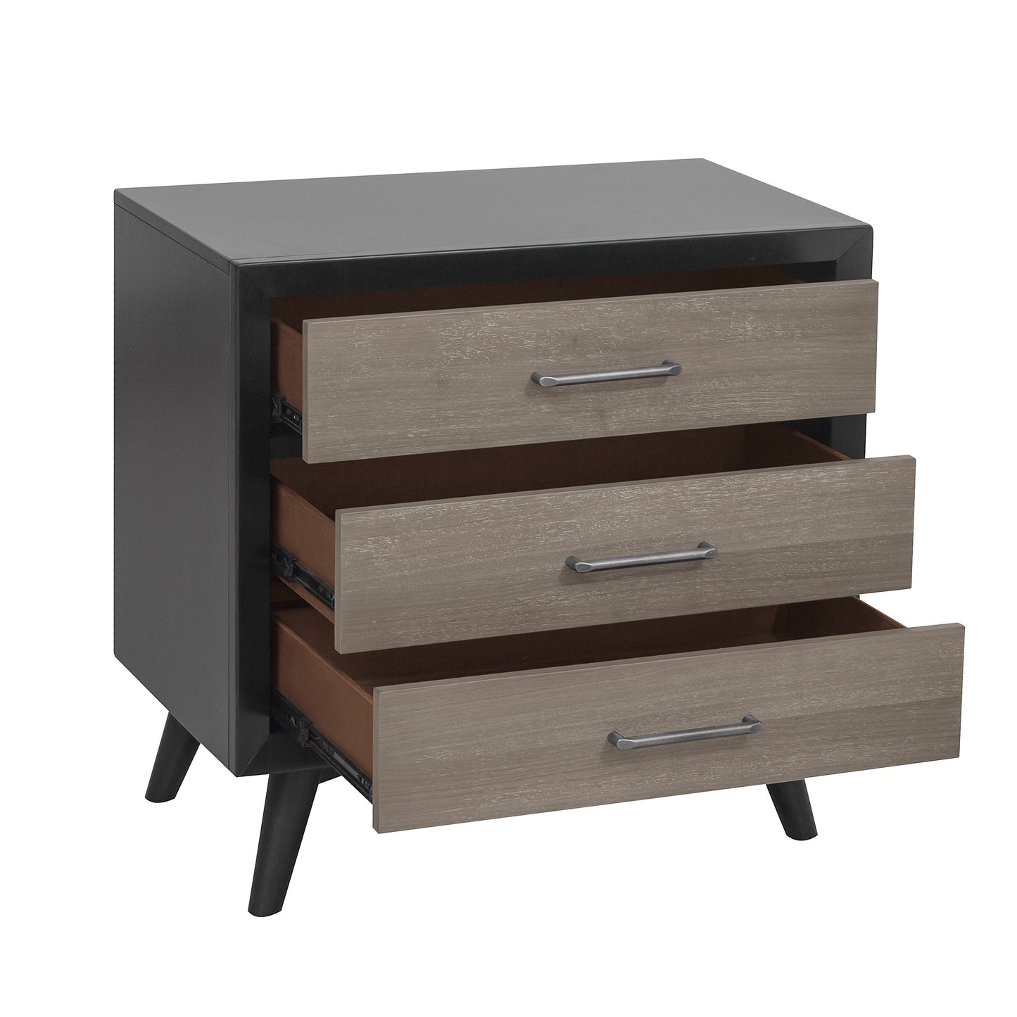 Stylish Two-Tone Finish Bedroom Nightstand Walnut Veneer Wood Retro Design 3 Drawers Tapered Legs