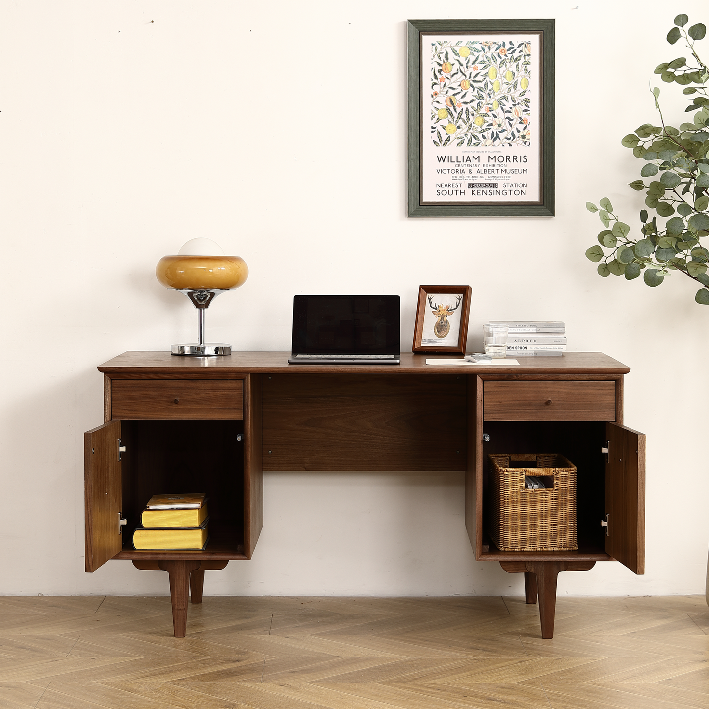 Elegant Large Black Walnut Desk with Chic Rattan Mesh Door and Spacious Storage Area