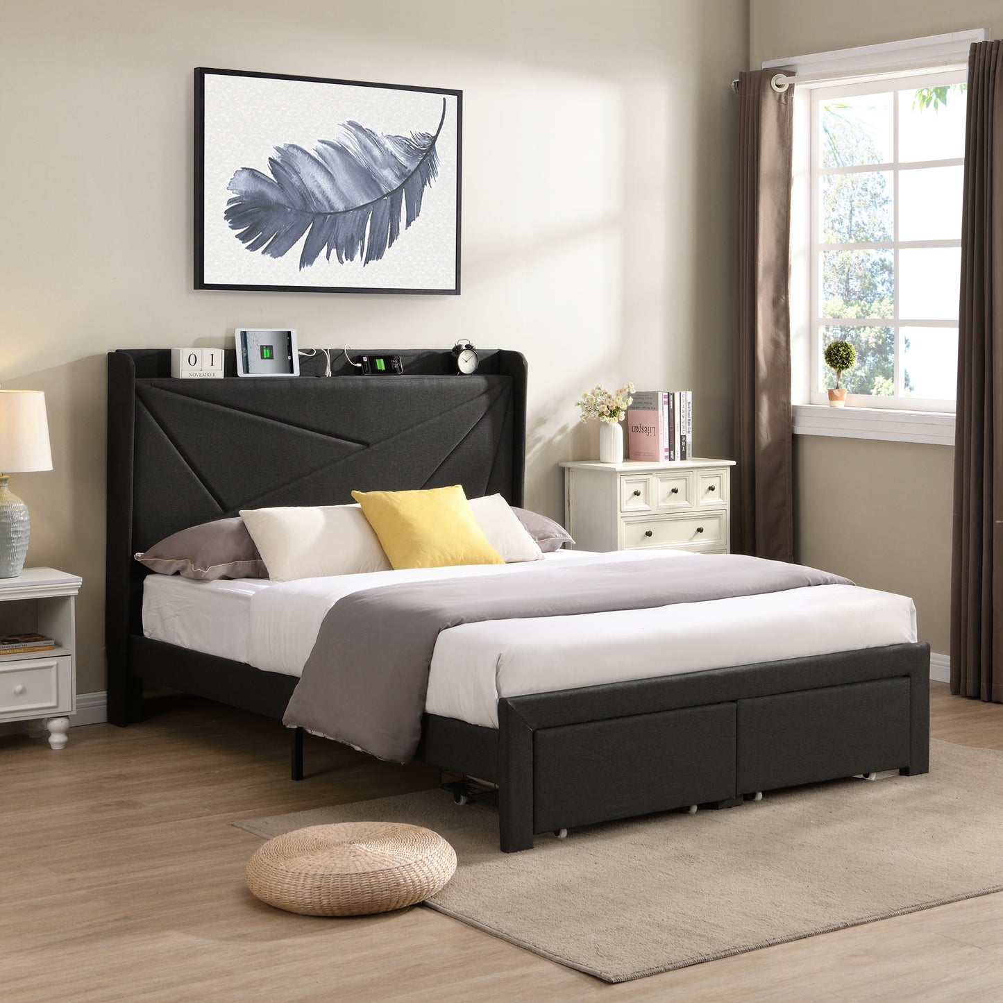 Full Size Bed Frame with 2 Storage Drawers, Upholstered Bed Frame with Wingback Headboard Storage Shelf Built-in USB Charging Stations and Strong Wood Slats Support, No Box Spring Needed, Dark Gray