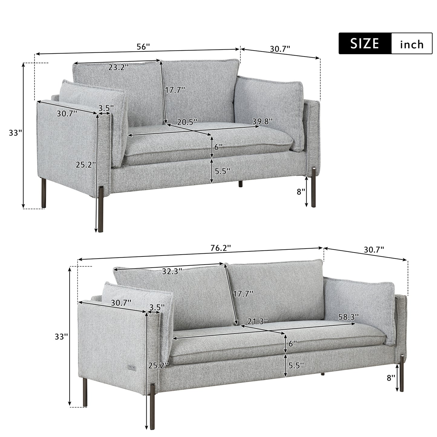 Modern Linen Fabric Upholstered Loveseat and 3-Seat Couch Set with USB Charging Ports