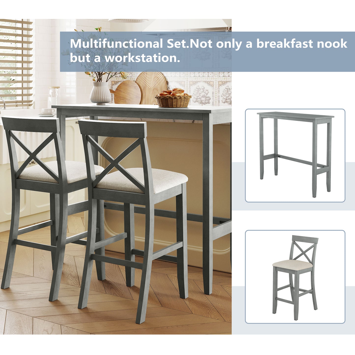 Farmhouse 48"Rectangular Wood Bar Height Dining Set Kitchen Breakfast Nook with 2 Chairs for Small Places,Gray