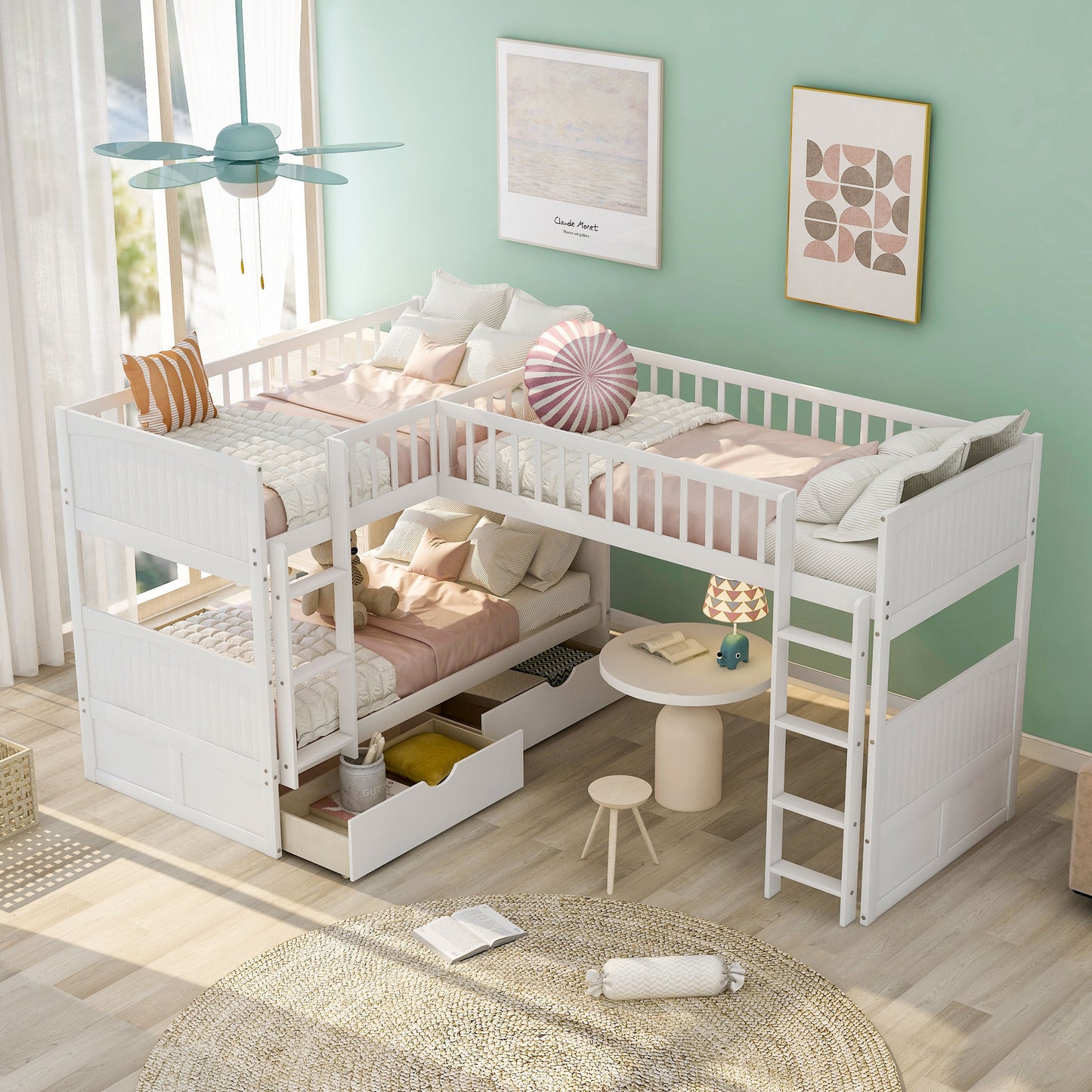 White Triple Sleeper Bunk Bed with Loft, Drawers, and Extended Sleeping Capacity