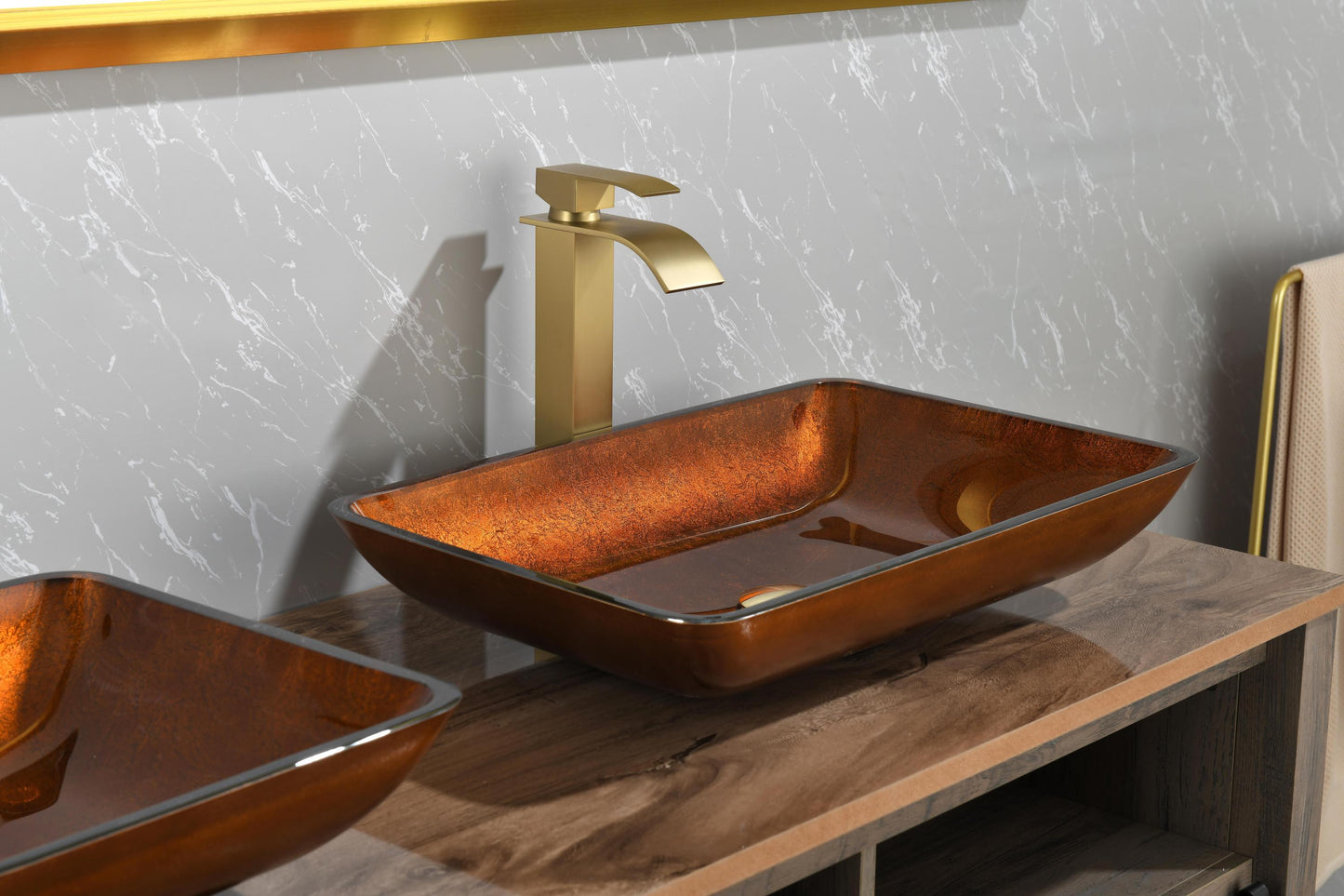 Luxurious Handmade Glass Vessel Sink Set in Deep Chocolate Brown Finish with Gold Accents