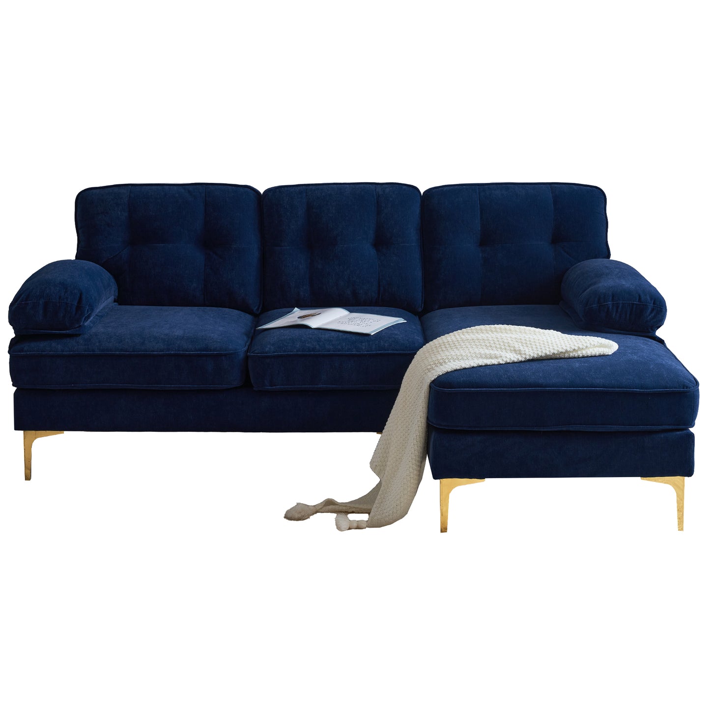 83 Blue Velvet L-Shaped Sectional Sofa with Mid-Century Modern Vibes