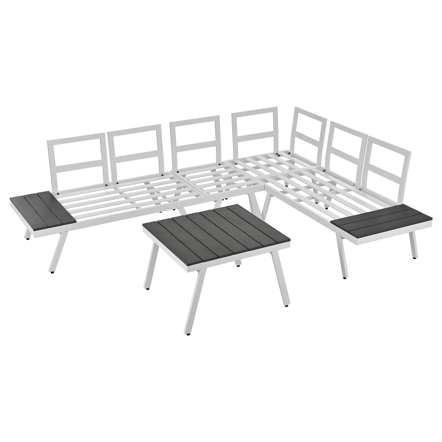 Aluminum Outdoor Patio Furniture Set with End Tables and Coffee Table, White and Grey Sectional Sofa Set