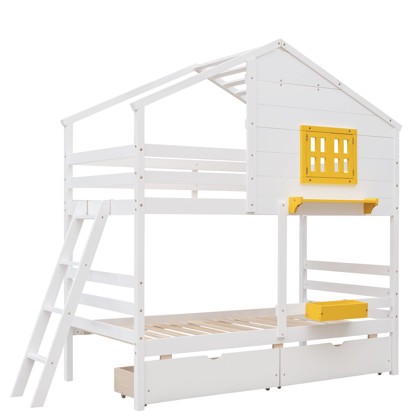 White Playhouse-Inspired Twin Bunk Bed with Storage and Roof