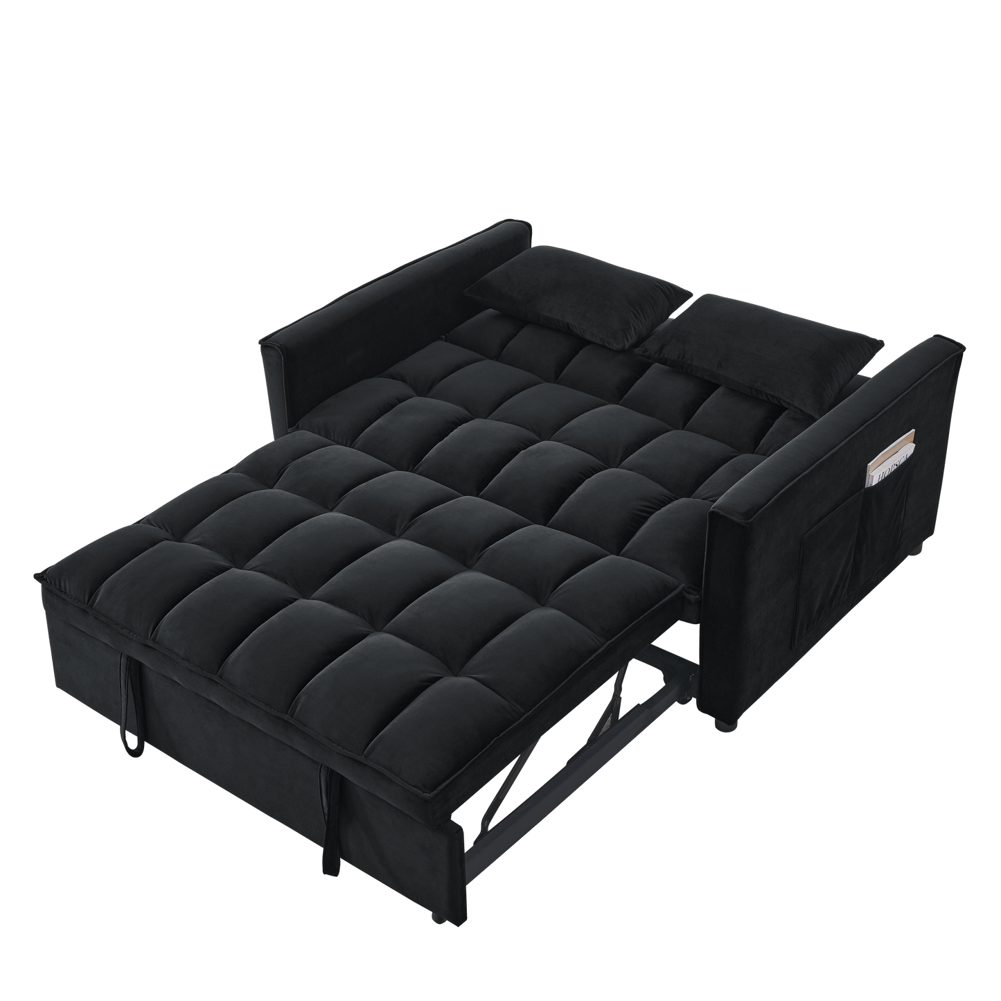 Sleeper Sofa, Convertible Sofa, Recliner, Bed, 3-in-1, 3-Position Adjustable Backrest, 2-Seater Sectional, Two Side Pockets, 2 Pillows for Living Room, Apartment, etc., Velvet Black 54" Wide.