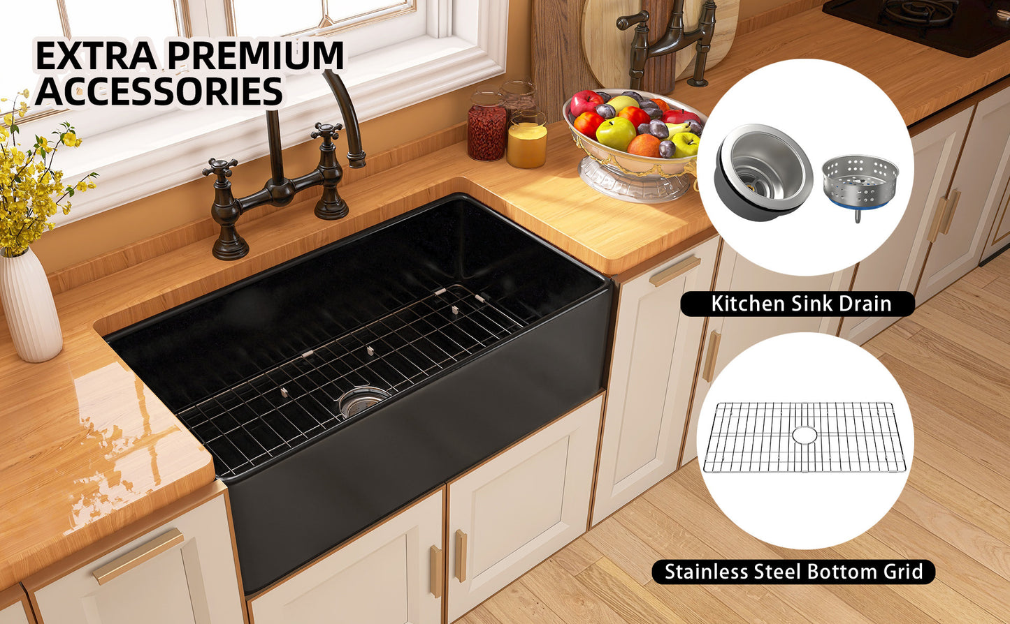 33 Black Fireclay Farmhouse Kitchen Sink with Bottom Grid and Drain