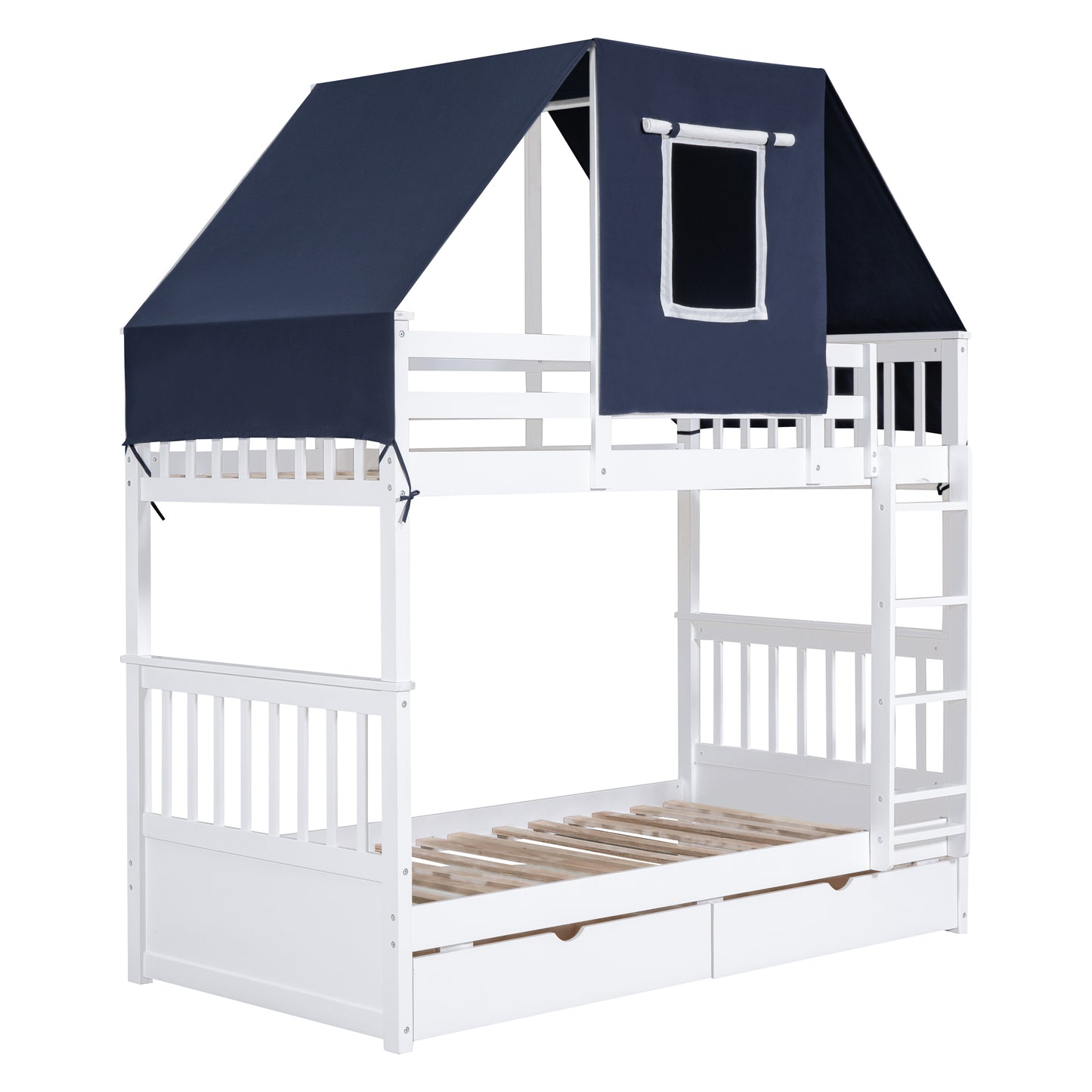 House-Shaped Twin Bunk Bed with Tent, Drawers, White & Blue