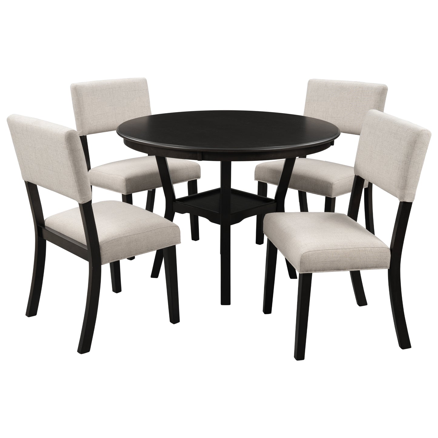 TREXM 5-Piece Kitchen Dining Table Set Round Table with Bottom Shelf, 4 Upholstered Chairs for Dining Room(Espresso)