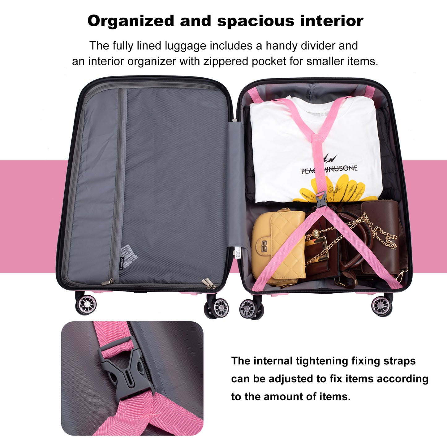 Hardshell Suitcase Spinner Wheels PP Luggage Sets Lightweight Durable Suitcase with TSA Lock,3-Piece Set (20/24/28) ,Pink