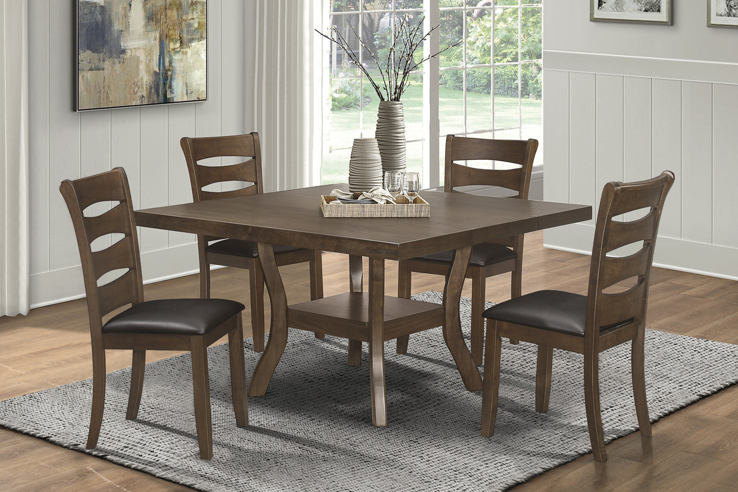 Transitional Dining Room Furniture 5pc Dining Set Table w Self-Storing Leaf and 4x Side Chairs Brown Finish Wooden Furniture