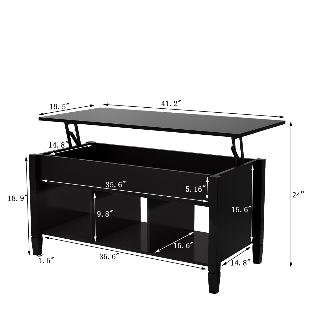 Adjustable Lift Top Coffee Table with Storage - Black