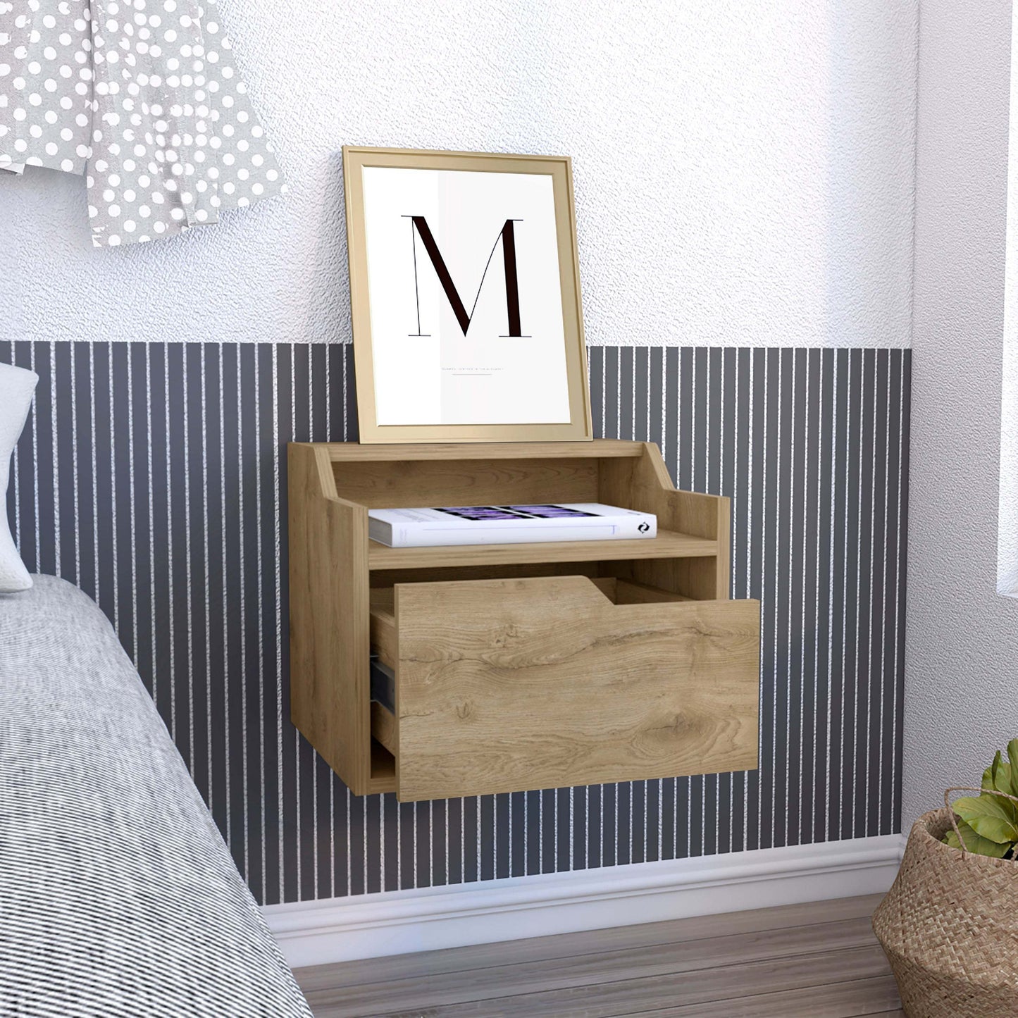 Busan Modern Floating Nightstand, Single-Drawer Design with Sleek Two-Tiered Top Shelf Surfaces- Macadamia - Bedroom