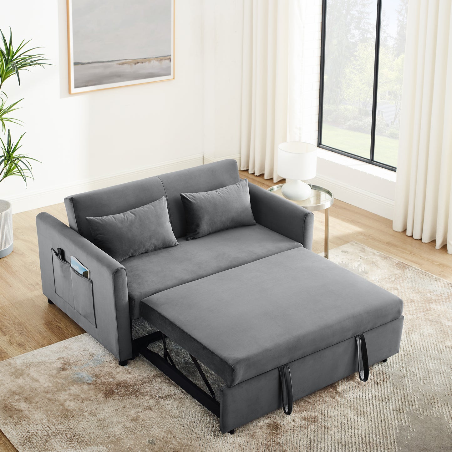 Convertible Sofa Bed, 3-in-1 Versatile Velvet Double Sofa with Pullout Bed, Seat with Adjustable Backrest, Lumbar Pillows, and Living Room Side Pockets, 54 Inch, Grey